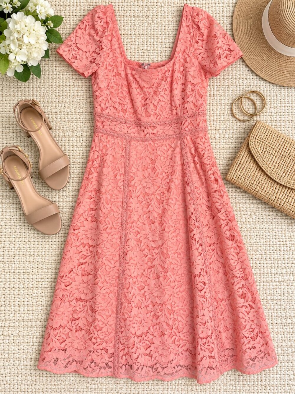 Anne Klein Size 10 Coral Pink Lace Midi Dress Floral Fit & Flare NWT